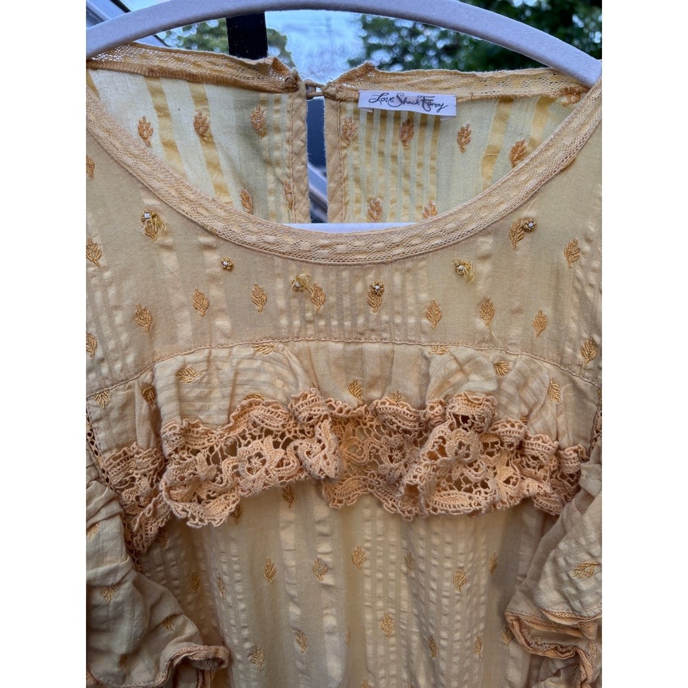 LoveShackFancy Yellow Lace-Trim Mini Dress Cottagecore Flutter Sleeve S boho - Picture 9 of 16
